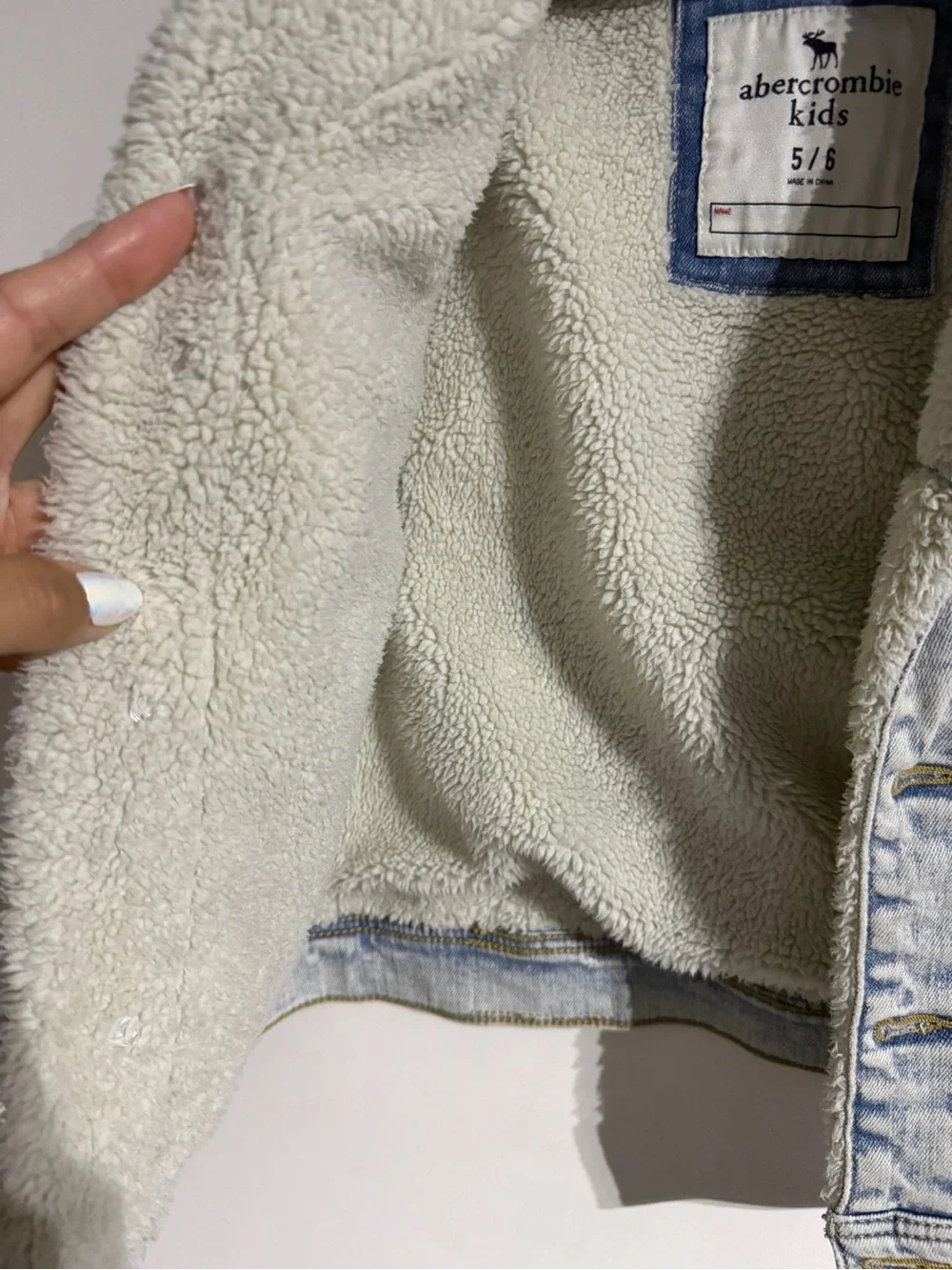 abercrombie kids Light Wash Denim Jacket with Off-White Sherpa Collar